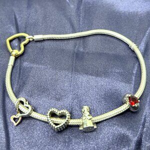 Pandora Sterling Silver Heart Closure Bracelet 9 " with 1 spacer & 3 charms
